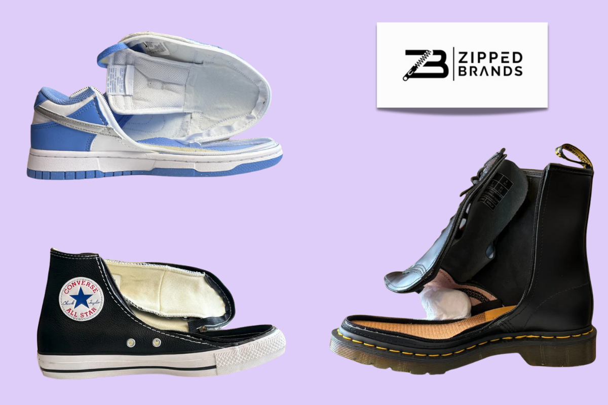 Two pairs of shoes and one boot shown with the Zipper opening on a lilac background with the Zipped logo.